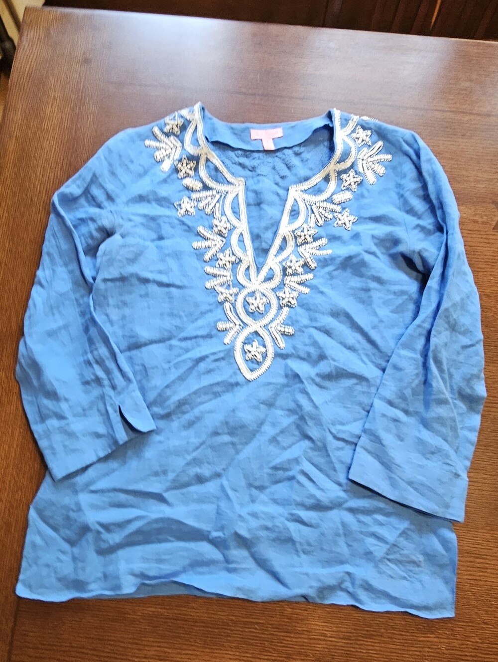 Lily Pulitzer Linen V-Neck Beaded 3/4 Sleeve Blouse Small